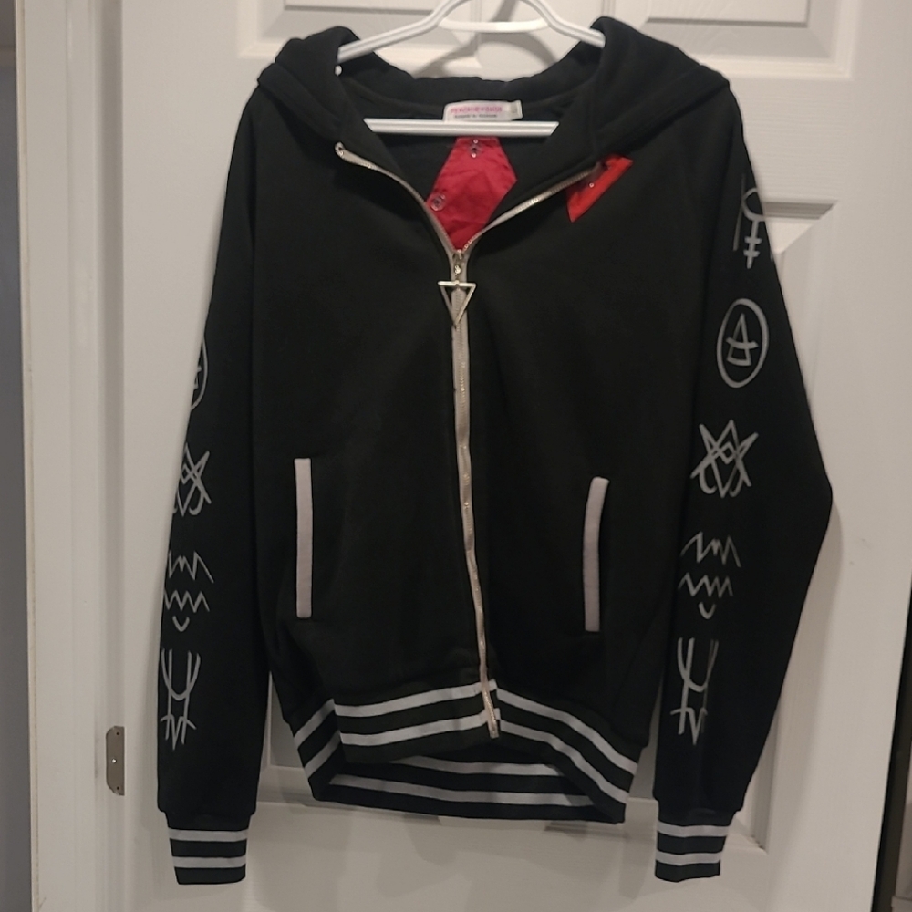 Black Zip-Up Hoodie with White Symbols